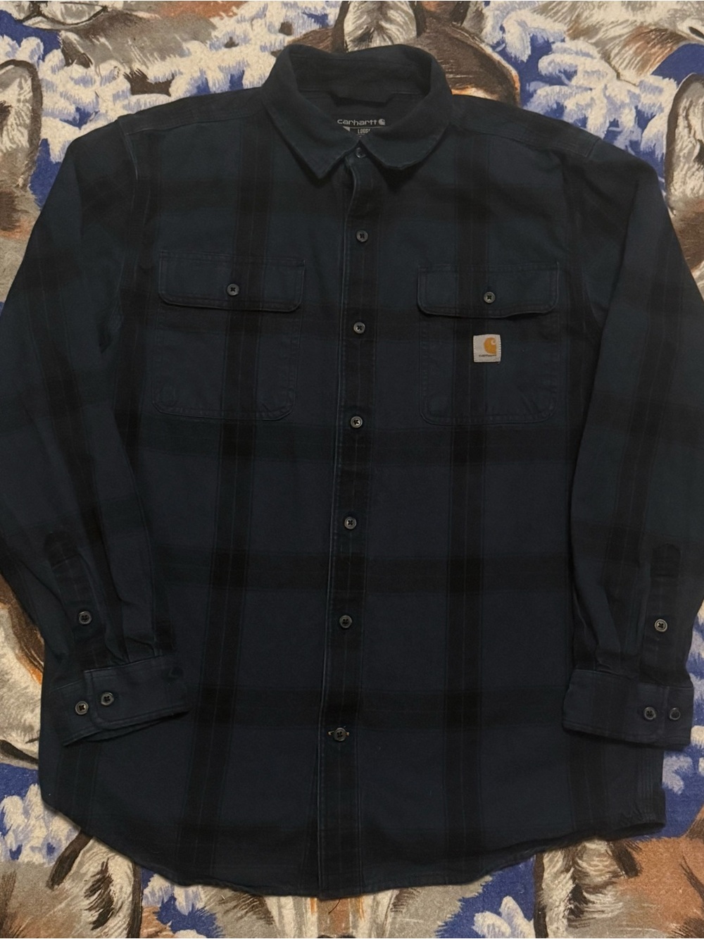 Carhartt Men's Navy and Black Plaid Button-Down Shirt